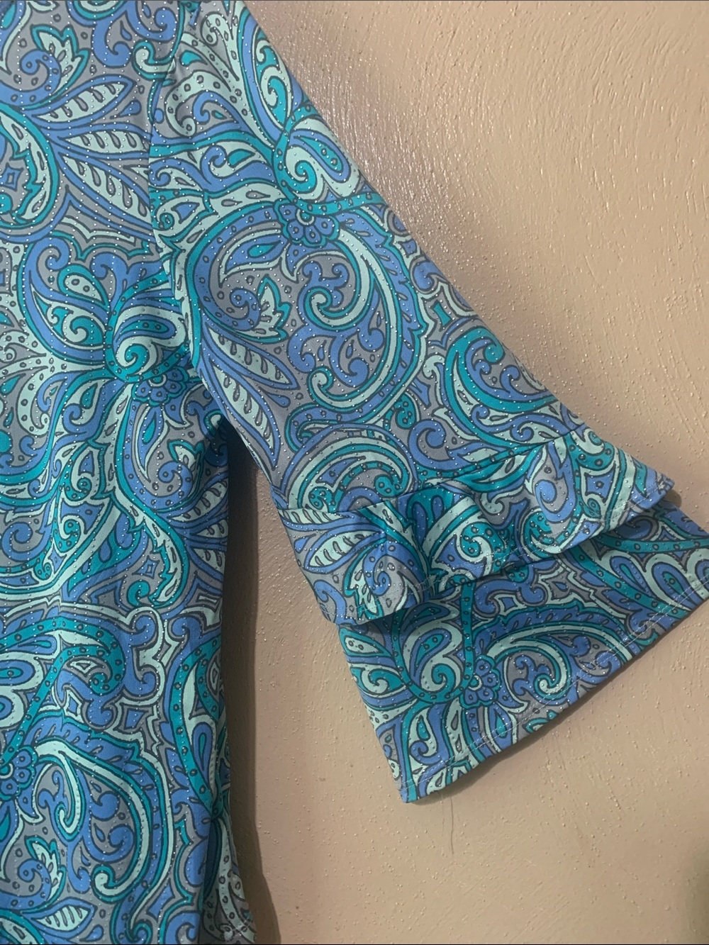 Ruby Rd. Size S Blue & Teal Paisley Ruffle-Sleeve Tunic Metallic Stripes - Picture 5 of 5